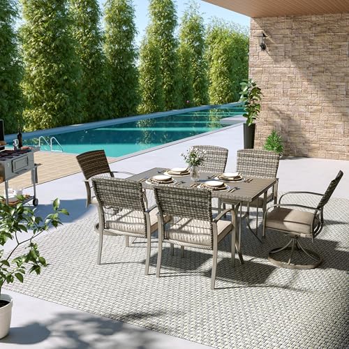 Pamapic 7-Piece Outdoor Dining Set with Table, Patio Furniture Includes 2 Swivel Chairs, 4 Wicker Chairs & Beige Removable Cushions, Weather Resistant Iron Frame for Backyard, Deck, Garden (Beige) - color: Beige