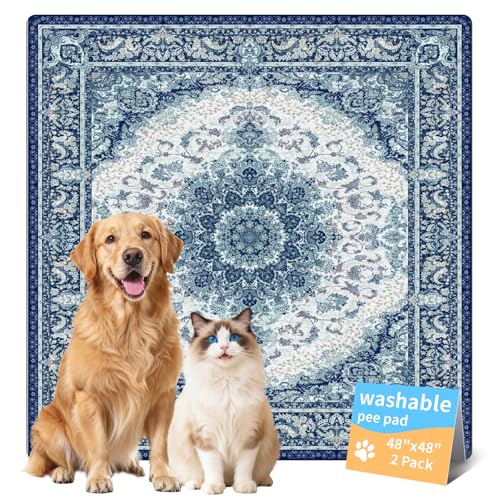 Washable Pee Pads for Dogs, Reusable Puppy Potty Training Pads, Ultra-Absorbent Thick Waterproof Leak-Proof Non-Slip Pads & Mat for Crate, Playpen, Floor, Whelping & Housebreaking , 2 Pack 48"x48" - color: Blue/Multi, size: 48" ×48"(pack of 2)