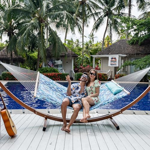 Lazy Daze Hammocks 12FT Quilted Fabric Hammock with Soft Pillow, Double 2 Person Tree Hammock with Spreader Bar for Outdoor Outside Patio Garden Yard Pool Beach, 450lbs Capacity - color: Floral Auqa