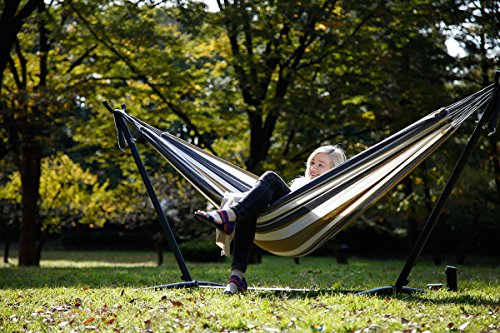 Vivere Double Cotton Hammock with Space Saving Steel Stand, Upgraded Polyester End Strings 450 lb Capacity - Premium Carry Bag Included (Desert Moon) - color: Desert Moon