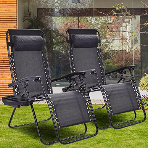 Giantex 2 PCS Zero Gravity Chair Patio Chaise Lounge Chairs Outdoor Yard Pool Recliner Folding Lounge Chair with Cup Holder (Black) - color: Black, size: 1 Count (Pack of 2)