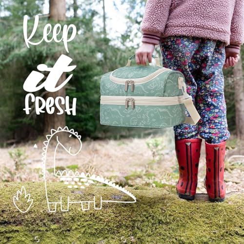 Insulated Kids Dual Compartment Lunch Bags Tote for Girls Boys Toddler Lunch Boxes Pre-School Toddler Kindergarten Picnic Camp Food Cooler Thermal with Strap - color: Green Dinos