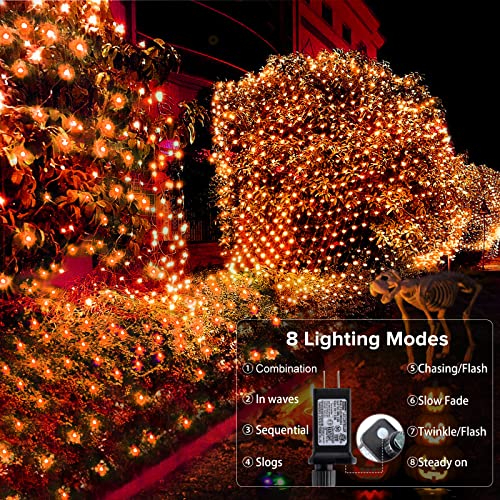 BlcTec Halloween Lights 200 LED 8.4ft x 5.2ft Orange Net Lights with 8 Modes, UL Certified, Timer, Connectable, Waterproof, Dark Green Wire for Trees, Bushes, Shrub, Lawn Halloween Decorations Outdoor - color: Orange, size: 200LED