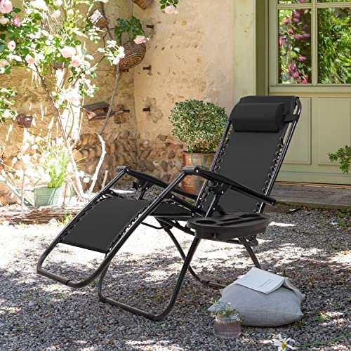 GUNJI Zero Gravity Chair Outdoor Lawn Folding Lounge Chairs Adjustable Reclining Patio Chairs Set of 2 with Cup Holder Lounge Gravity Chairs for Poolside, Backyard, Beach and Camping (Black) - color: Black