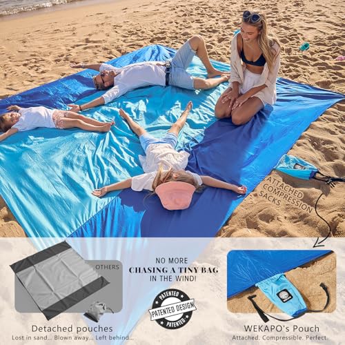 WEKAPO Beach Blanket Sandproof Waterproof, Extra Large Beach Mat, Oversized & Compact Sand Free, Quick Drying Beach Essentials for Vacation, Cruise, Picnic & Camping with Stakes - color: Blue, size: 7x7 FT (1～3 person)