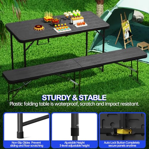VSOAEIL Folding Table 4 Foot for Indoor Outdoor, Portable Heavy Duty Fold-in-Half Utility Small Plastic Adjustable Height Folding with Carrying Handle for Picnic Camping and Party, Matte Black - color: Black, size: 4 Ft - 1 Pack