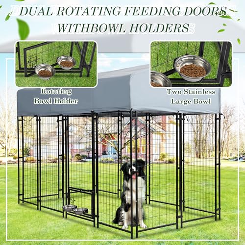 Grepatio Outside Dog Kennel for Large Dogs, 8x4x5.7 FT Outdoor Dog Kennels with Waterproof, Heavy Duty Dog Enclosure with 2 Rotating Dogs Bowls, Dog Run Playpen Fence with Secure Lock