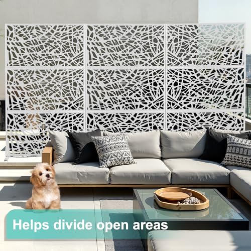 Modern Metal Privacy Screen, Patio Outdoor Privacy Panels with Stand, Freestanding Outdoor Divider for Yard, Deck＆Garden(71.3"*47.3"*15.7") - color: White,Leaf Vein