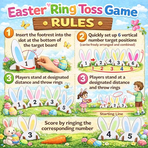 Sanwuta 38 Pcs Easter Ring Toss Games for Kids Easter Party Game 6 Bunny Ear Wooden Number Targets and 20 Toss Rings for Indoor Outdoor Family Spring Carnival Party Favor Yard Activities Decoration