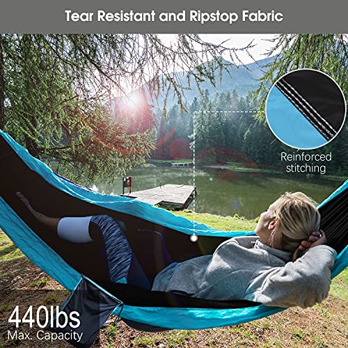 Camping Hammock with Mosquito Net Rain Fly Heavy Duty Tree Strap Nylon Parachute Single Double Hammock Tent Waterproof Rainfly Set for Camping Backpacking Backyard Patio Hiking Travel Outdoor - color: Blue