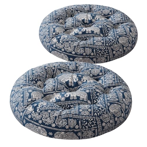Codi Meditation Floor Pillow, Boho Pillows Seating for Adults and Kids, Large Cushion for Yoga Living Room Tatami Sitting, Memory Foam Added, 22x22 Inch Pack of 2, Round - Indigo Elephant - color: Round | Indigo Elephant, size: 2 Count (Pack of 1)