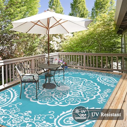 Pauwer Waterproof Outdoor Rug 5x8, Reversible Plastic Straw Patio Camping Rug, Indoor Outdoor RV Mat Carpet for Deck, Camper, Porch, Balcony, Backyard, Picnic, Boho Teal - color: Boho Teal, size: 5' x 8' (Rectangular)