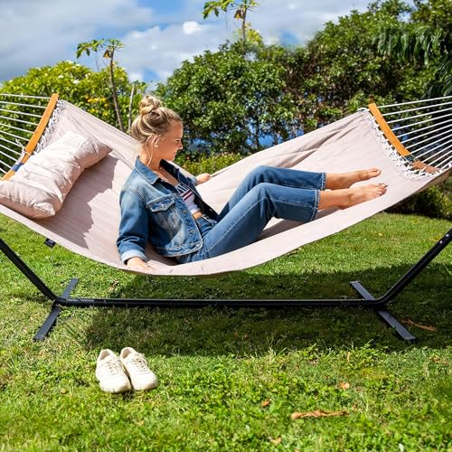 SUNCREAT 55 Inch Large Double Hammock with Stand, 450lbs Capacity, Outdoor Portable Hammock with Curved Spreader Bar, Extra Large Pillow, Tan - color: Tan