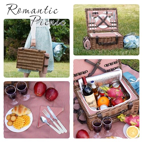 Picnic Basket Set for 2 Persons with Cooler and Waterproof Picnic Blanket, Classical Wicker Picnic Baskets with Waterproof & Sand-Proof Beach Mat,Willow Hamper Service Gift Set - size: 15.45" for 2 Persons With Cooler