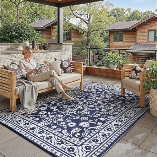 PureCozy Outdoor Waterproof 6x9 Plastic Straw Patio Rug Navy Blue Reversible for Outside Vintage Oriental Carpet Lightweight Large Rug for RV Deck Beach Balcony Picnic Backyard Entry Porch - color: Navy Blue, size: 6' x 9' (Rectangular)