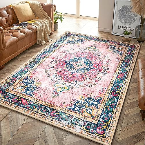 5x7 Area Rugs Pink Boho Rug for Living Room Vintage Rug Non-Slip Washable Low Pile Foldable Large Rugs for Bedroom Dining Room Indoor Floor Carpet - color: A#pink, size: 5' x 7' (Rectangular)