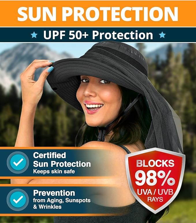 GearTOP Wide Brim Sun Hat for Men & Women, UPF 50+ Fishing Hat with Detachable Neck Flap & Face Cover Gardening Boonie Sunhat - color: Black With Net