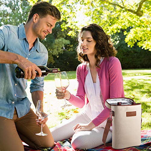 Tirrinia 2 Bottle Wine Gift Tote Carrier - Leakproof & Insulated Padded Versatile Wine Cooler Bag for Travel, BYOB Restaurant, Wine Tasting, Party, Dinner,Gift for Wine Lovers, Beige - color: Beige, size: 2 Bottle-without front pocket