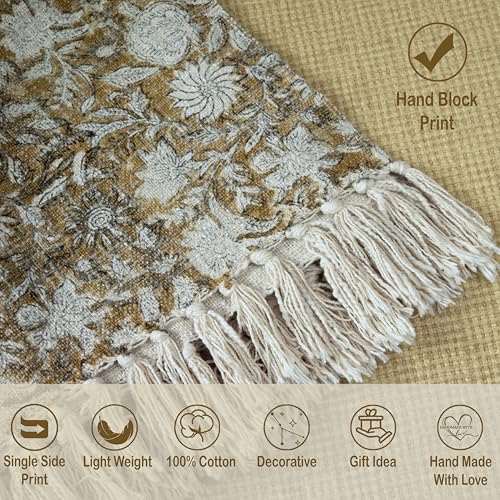 100% Pure Cotton Handblock Printed Throw Blanket, Soft 50" x 60" Fringed Floral Print Throw for Couch, Sofa, Chair, Bed - Cozy, Machine Washable, Comfortable Home Decor - color: Teak Brown
