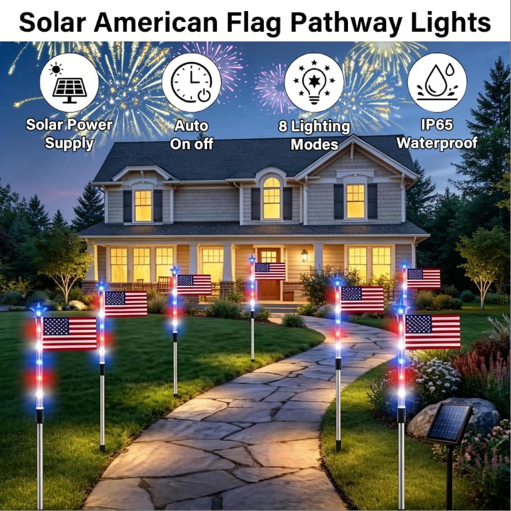 8 Piece Solar American Flag Pathway Lights, US Solar Flag Lights with 8 Lighting Modes, Patriotic Red White Blue Waterproof LED Outdoor Yard Garden Decorations for 4th of July (C) - color: C