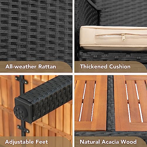 Devoko Dining 7 PCS Furniture, Patio Conversation Set with Acacia Wood Table Top, Outdoor, Beige Cushion and Black Rattan - color: Black, style: 7 Piece Dining Set