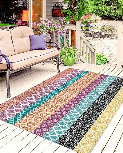 Large Outdoor Rug 4'x6' for Patio Indoor Outdoor Area Rug Art Boho Style Geometric Texture Purple Orange Rugs Outside Patio Rugs Camping Carpet Mat for Spring Picnic