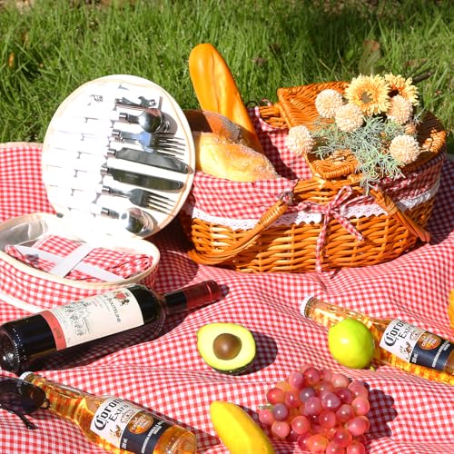 Wicker Picnic Basket with Handle, 15" Large Picnic Basket with Lid & Removable Liner, Vintage Hand Woven Basket with Cutlery Set for Picnics, Camping, Thanksgiving, and Birthday - color: Red-white Grid, size: 4-person