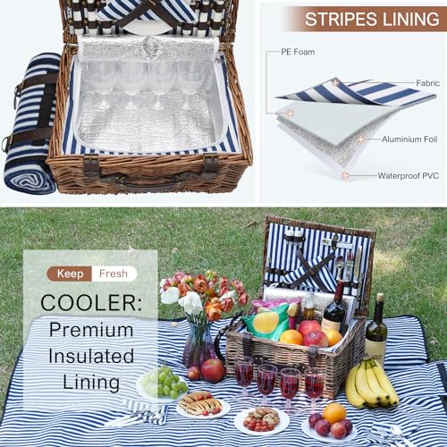 Picnic Basket for 4 Persons - Baskets with Cooler and Picnic Blanket, Classical Wicker Picnic Basket with Waterproof & Sand-Proof Beach Mat,Willow Hamper Service Gift Set - size: 15.53" for 4 Persons With Cooler