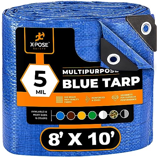 Better Blue Poly Tarp 8' x 10' - Multipurpose Protective Cover - Lightweight, Durable, Waterproof, Weather Proof - 5 Mil Thick Polyethylene - by Xpose Safety - color: Blue, size: 8 Feet x 10 Feet