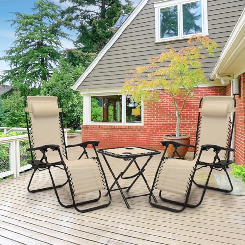 Athena Collection Zero Gravity Outdoor Lounge Chair Set of 2 with Side Table, 25" Width Pool Lounge Lawn Chairs Reclining with Cup Holder, Outdoor Chaise for Beach Patio Backyard Outside, Beige - color: Beige, style: 25" Width