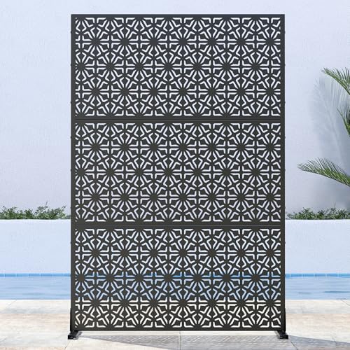 Casaphoria 72" H x 47" W Metal Outdoor Privacy Screen, Freestanding Decorative Divider for Patio, Deck, Balcony, and Garden with Stable Base, Black Gene - color: Black Gene