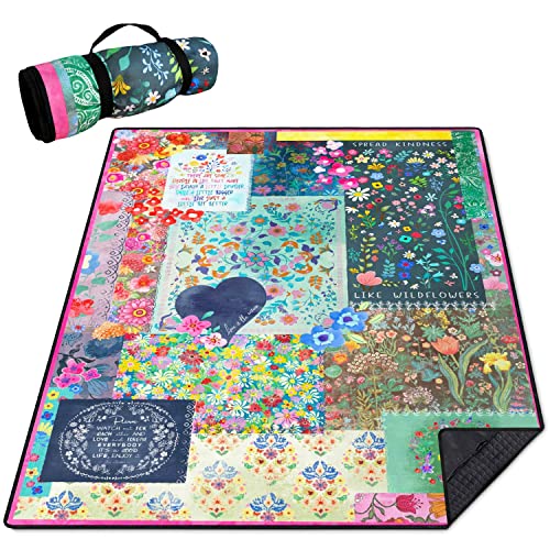 Picnic Blankets Waterproof Foldable Extra Large,80"x 60" Outdoor Beach Blanket Waterproof Sandproof,3-Layer Lightweight Handy Mat Tote Picnic Camping Rugs for Outside Your Rv(Boho Flowers) - color: Flower1, size: 5' X 6'8" (Rectangular)