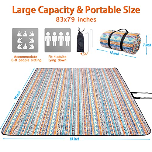 PY SUPER MODE Picnic Blankets Extra Large, Waterproof Foldable Outdoor Beach Blanket Oversized 83x79” Sandproof, 3-Layer Picnic Mat for Camping, Hiking, Travel, Park, Concerts(Orange Boho) - color: Orange Boho