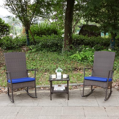 Oasishine Rocking Chair Outdoor 3 Pieces High-Backed Patio Rocking Chairs Bistro Table and Chairs Set of 2, Royal Blue - color: Royal Blue