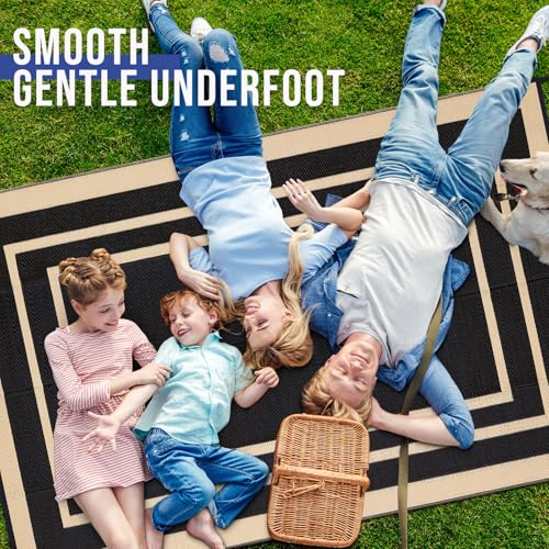 OLANLY Outdoor Rug 9x12 ft Waterproof, Reversible Outdoor Plastic Straw Rug, RV Mat, Indoor Outdoor Carpet Clearance for Patio, Camping, Balcony, Deck, Backyard, Black & Beige - color: Black & Beige, size: 9' X 12' (Rectangular)