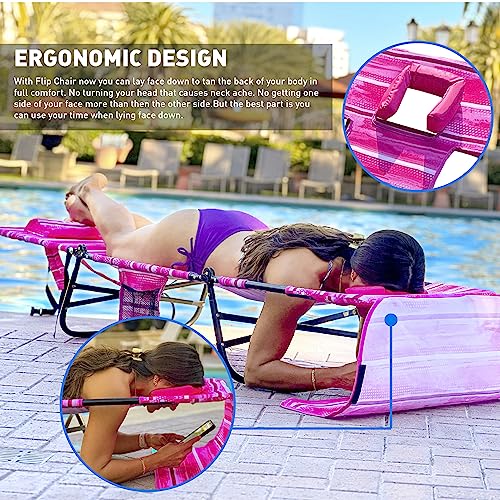 EasyGo Product FLIP Face Down Tanning Beach Chair Lounger with Face & Arm Holes - Polyester Material – Multiple Backrest Positions - Head Rest Pillow-Sand or Home Use - PATENTS Pending