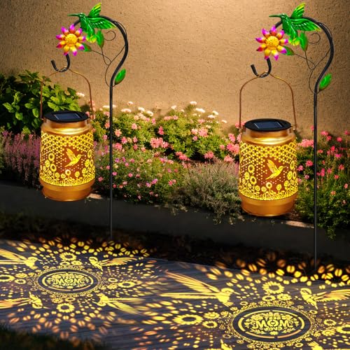 Mothers Day Gifts Solar Lanterns Outdoor Waterproof Hummingbird with Shepherd Hook,Hummingbird Garden Decor Birthday Gifts for Women Mom,Hanging Solar Lights Metal Bird Decorative for Yard,Patio,Porch - style: solar hummingbird sunflower lanterns