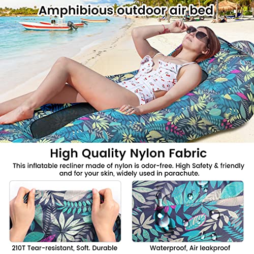 ele ELEOPTION Outdoor Inflatable Camping Couch Waterproof Portable Blow Up Air Sofa Chair Lounger for Backyard Beach Traveling Camping with Compression Sacks (Blue Leaf Print) - color: Blue Leaf Print