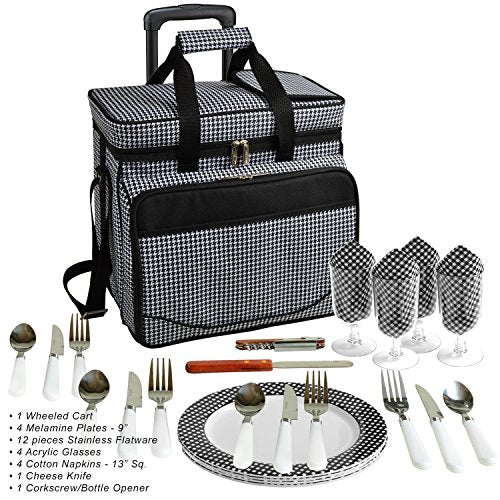 Picnic at Ascot Original Insulated Picnic Cooler with Service for 4 on Wheels-Designed & Assembled in the USA - color: Houndstooth