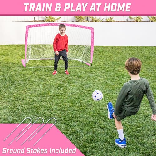 GoSports Portable Soccer Goals for Kids - 13 Color Options - Choose 4 x 3 ft or 6 x 4 ft - Team Tone Pop Up Nets for Backyard - color: Pink, style: 6 ft x 4 ft