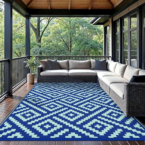 GENIMO Outdoor Rug for Patio Clearance, 6'x9' Waterproof Camping Mat, Reversible Plastic Straw Rugs for RV, Camper, Balcony, Backyard, Picnic, Deck (Royal Blue & Blue Green) - color: Royalblue&bluegreen, size: 6' x 9' (Rectangular)