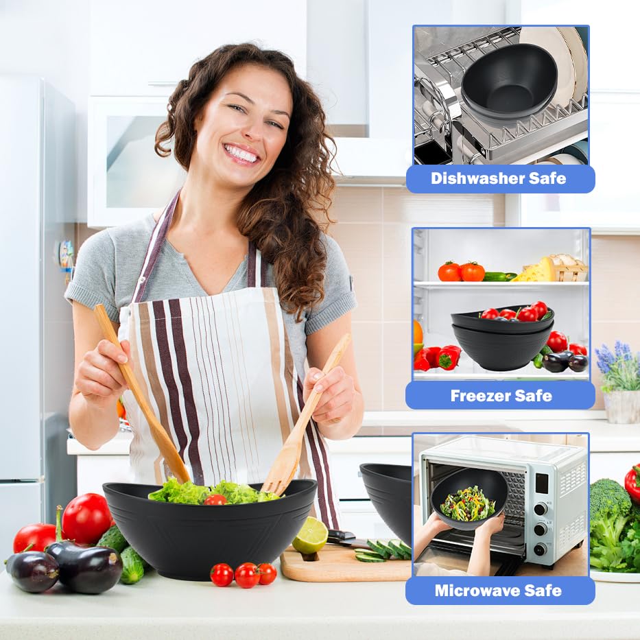 Wrova Big Wheat Straw Bowls,Large Salad Bowls Set of 2,Dishwasher and Microware Safe Plastic Bowls Reusable,Eating bowls for Cereal,Salad,Fruit,Snack. Black - color: Black, size: 2 Pack
