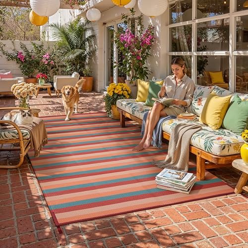 PureCozy Outdoor Waterproof Patio Rug 6x9 Plastic Straw Reversible Outside Orange Red Colorful Striped Carpet Lightweight Large Rug for Camping RV Porch Deck Balcony Beach - color: Stripe | Orange Red, size: 6' x 9' (Rectangular)