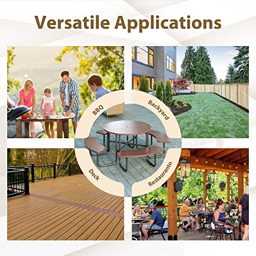 46-inch Brown Round Outdoor Picnic Table with Umbrella Hole - Heavy Duty Coated Steel Metal Patio Dining Set for Garden, Courtyard, BBQ & Commercial Use - color: Coffee-round
