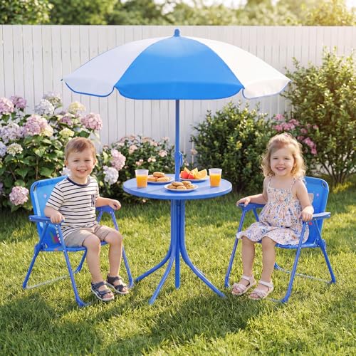 Costzon Kids Picnic Table, Kids Outdoor Table with 2 Folding Chairs, Height Adjustable Umbrella, Portable Children Outdoor Furniture for Patio, Garden, Backyard (Blue Ocean) - color: Blue Ocean