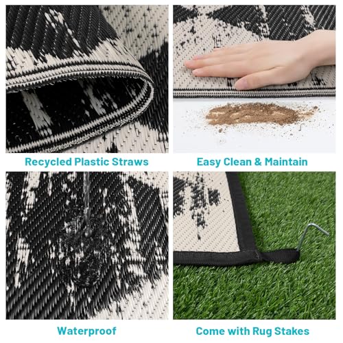 HEBE Checkered Outdoor Rug Waterproof 9x12, Reversible Plastic Straw Rug RV Camping Rug, Indoor Outdoor Patio Mat Clearance, Outside Carpet for Porch, Deck, Camper, Balcony, Backyard, Picnic - color: Beige/Black, size: 9' x 12' (Rectangular)