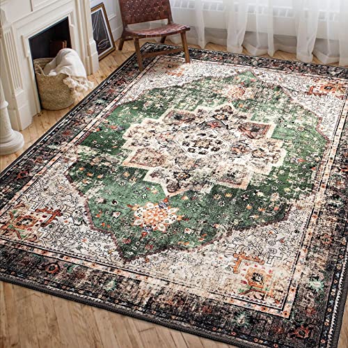 Area Rug 5x7 for Living Room Green Boho Non-Slip Washable Rug Vintage Low Pile Large Rug for Bedroom Dining Room - color: A#green, size: 5' x 7' (Rectangular)