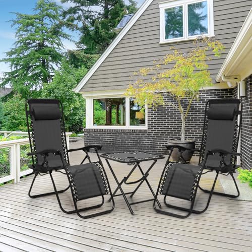 Athena Collection Zero Gravity Outdoor Lounge Chair Set of 2 with Side Table, 25" Width Pool Lounge Lawn Chairs Reclining with Cup Holder, Outdoor Chaise for Beach Patio Backyard Outside, Black - color: Black, style: 25" Width