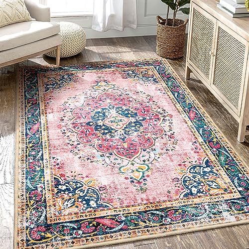 Boho Rug 3x5 Pink Small Area Rug Washable Vintage Rug for Kitchen Living Room Bedroom Bathroom Office Low Pile Non Slip Indoor Floor Carpet - color: A#pink, size: 3' x 5' (Rectangular)