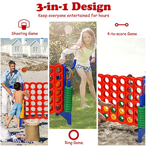 Costzon Giant 4-in-A-Row, Jumbo 4-to-Score Giant Game w/Basketball Hoop, Ring Toss, Quick-Release Slider, 42 Jumbo Rings, Indoor Outdoor Family Connect Game for Kids & Adults, Backyard Games, Blue - color: Red/Blue